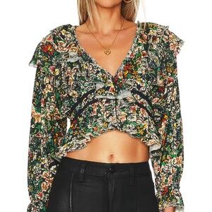 Free People Rudi Ruffle In Night Garden Floral Long Sleeve Top Size Medium